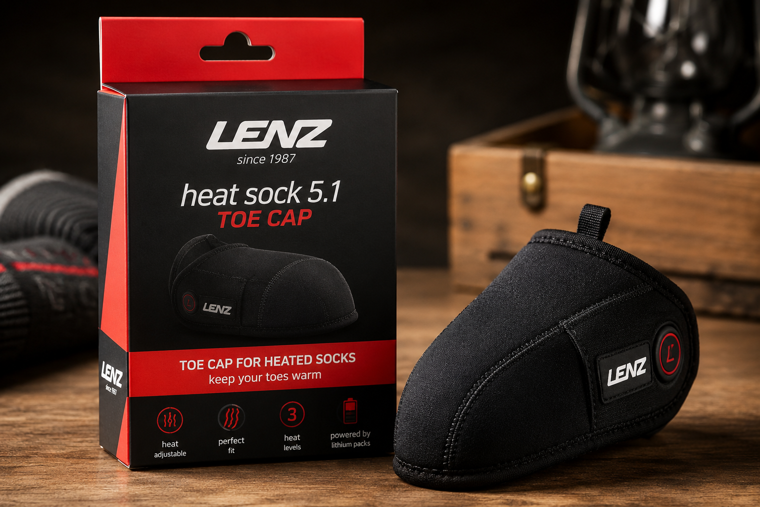 Lenz Heat Sock 5.1 Toe Cap heated socks displaying patented dual-zone heating technology and premium merino wool blend material