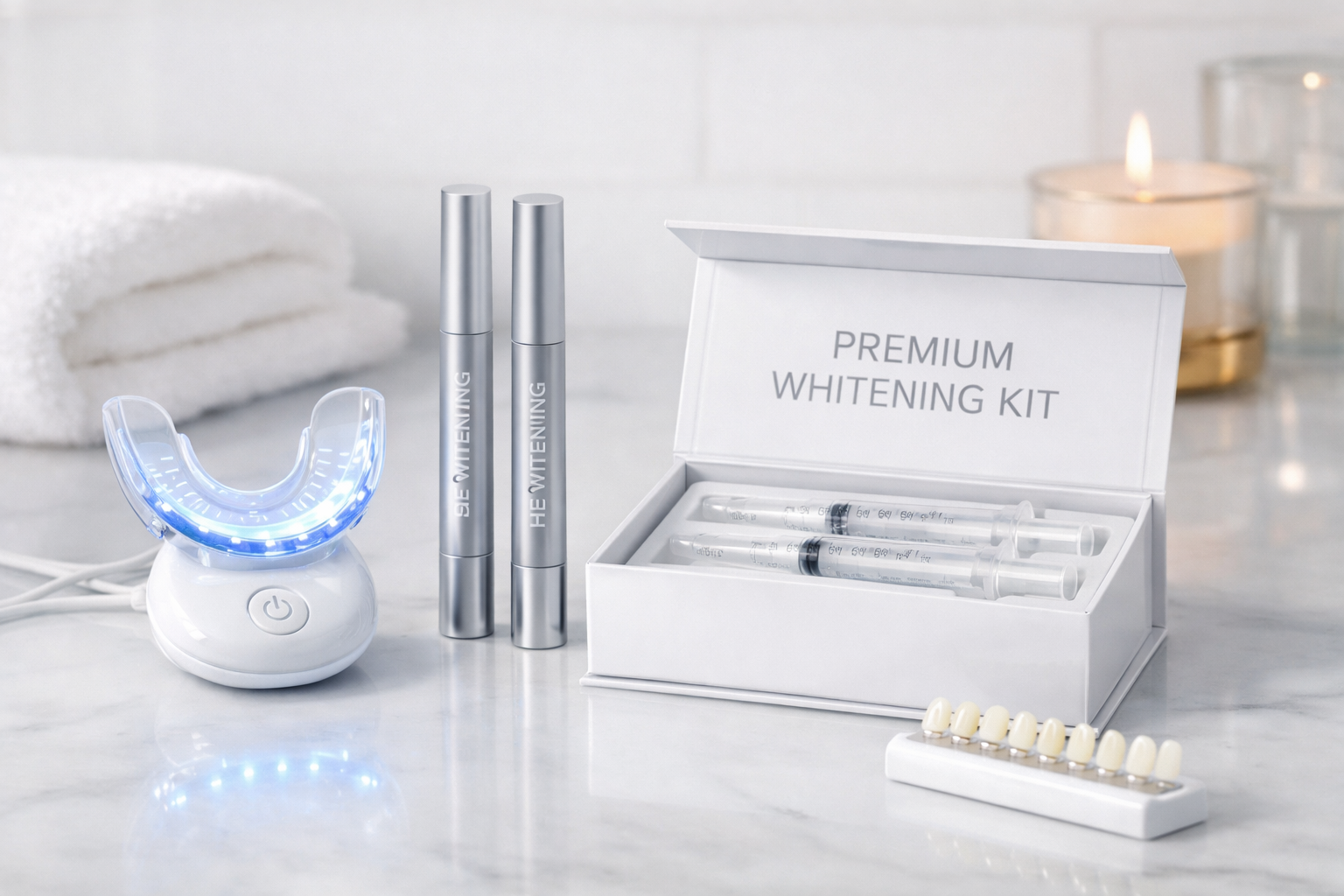 Premium teeth whitening kit with LED light mouthpiece, whitening gel pens, and syringes displayed on a marble bathroom countertop in a clean, spa-like setting