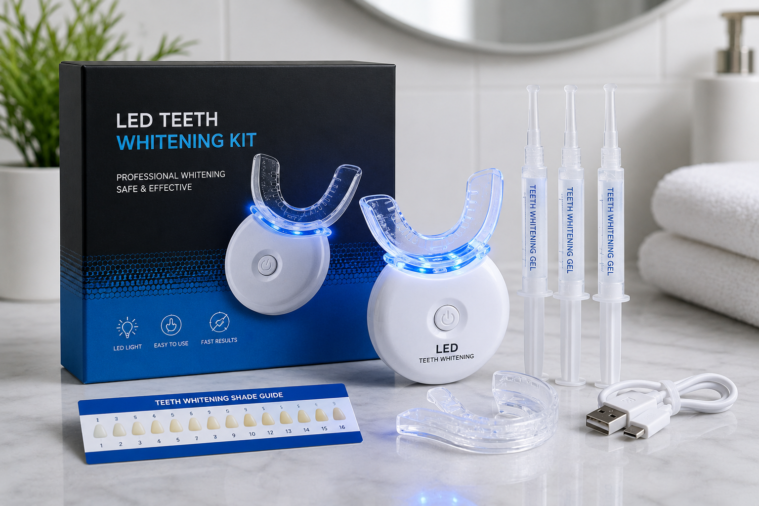 LED teeth whitening kit with blue LED mouth tray, whitening gel syringes, USB charger, and shade guide displayed on a modern bathroom countertop for at-home dental whitening treatment.