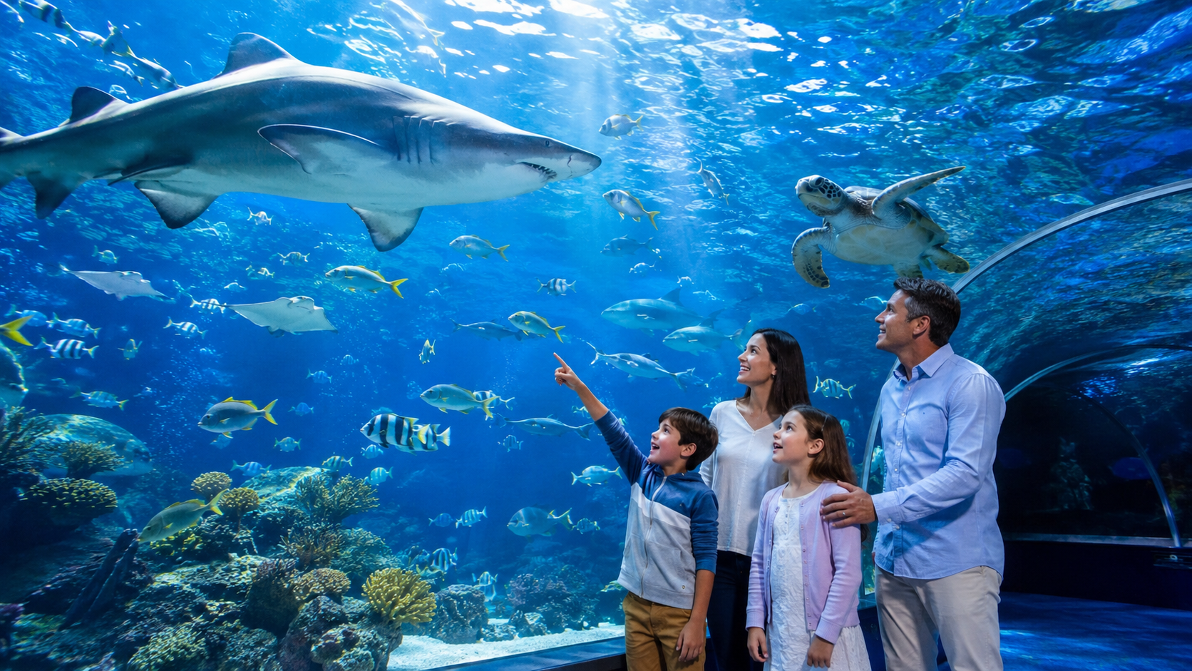 Family exploring SEA LIFE Sydney Aquarium tunnel with sharks, sea turtle, tropical fish, and coral reef exhibits in a vibrant underwater ocean experience