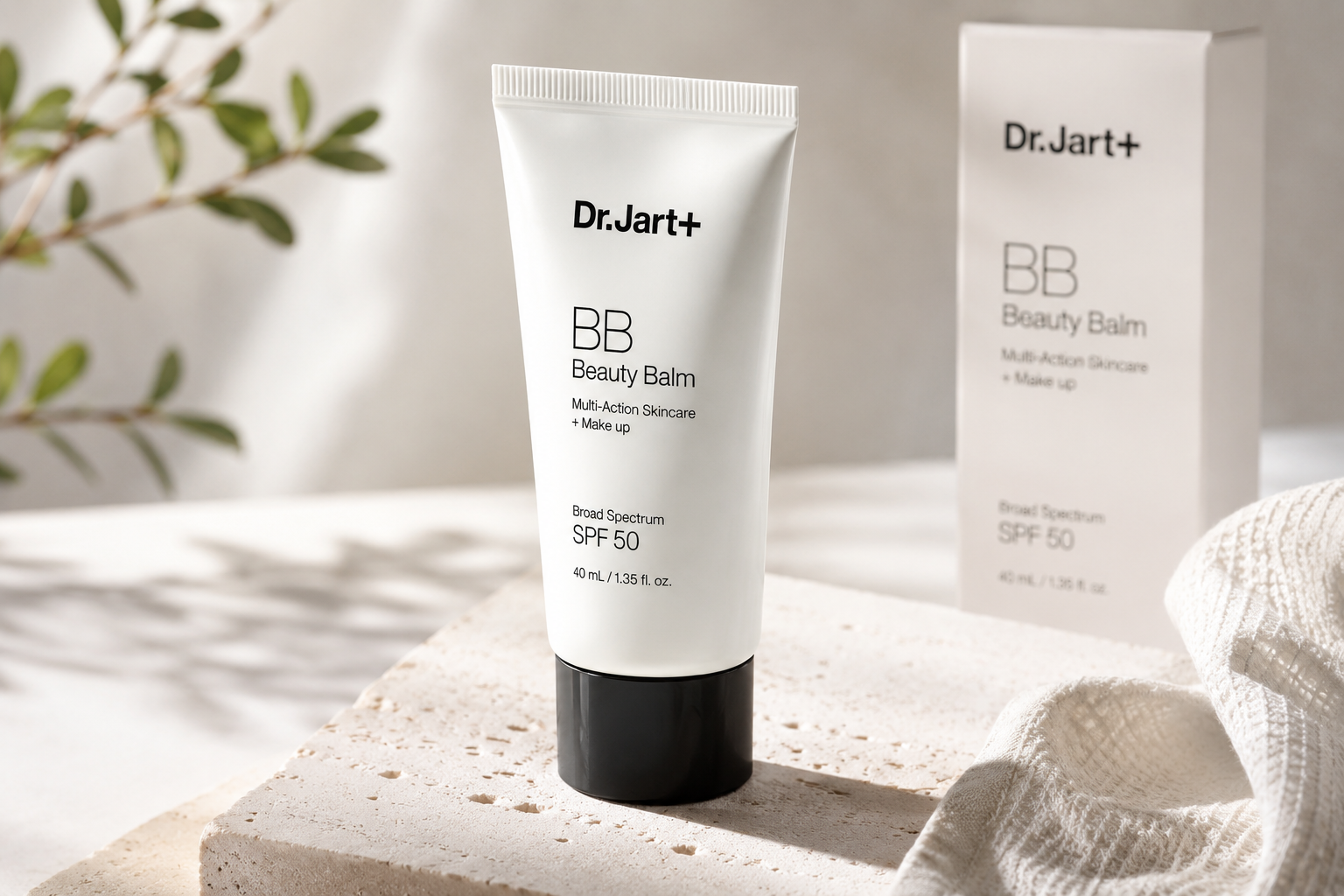 Dr. Jart+ BB Beauty Balm SPF 50 tube and packaging on a neutral skincare backdrop with soft natural lighting, highlighting lightweight coverage and broad-spectrum sun protection.