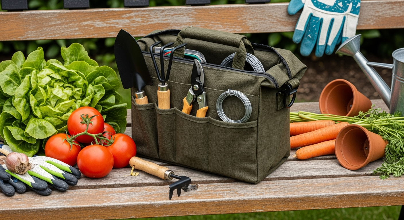 Harfington Small Garden Tool Bag in waterproof Oxford material displayed with organized gardening hand tools