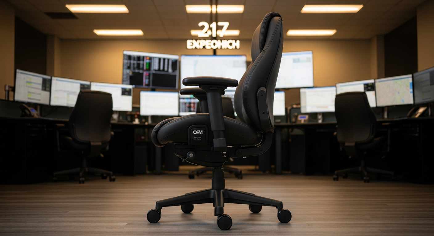 OFM 24/7 Heavy Duty Dispatch Chair in black vinyl with chrome base and adjustable armrests for emergency operations