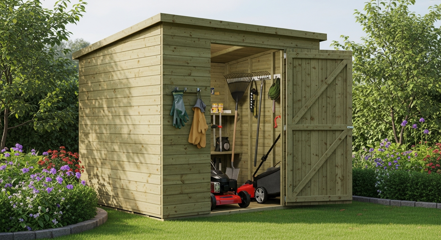 8x6 Forest Overlap Pressure Treated Pent Wooden Shed with solid timber construction and green roof