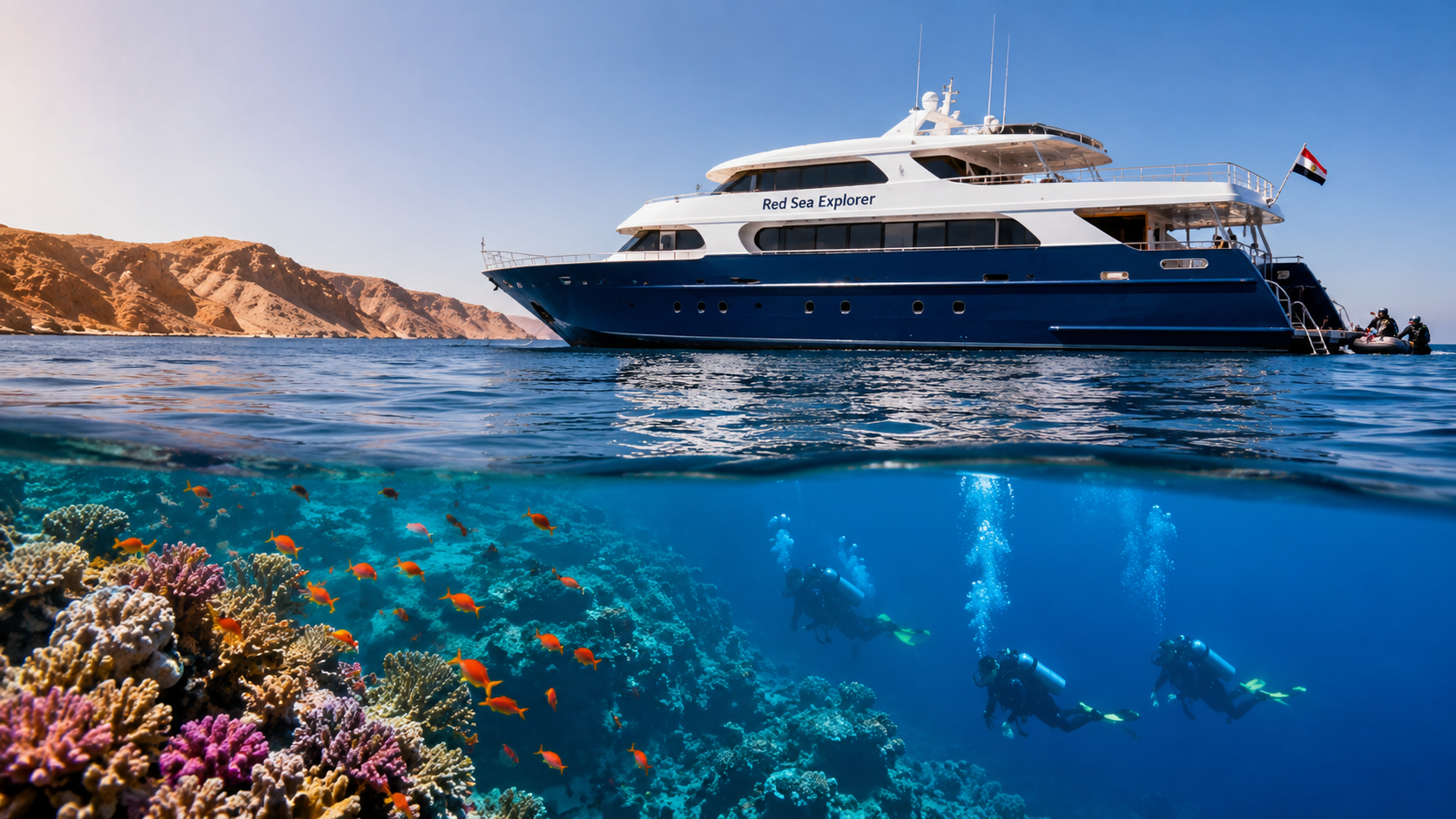 Luxury Red Sea liveaboard diving safari yacht anchored above a vibrant coral reef as scuba divers explore colorful marine life in the crystal-clear waters of the Red Sea, Egypt.