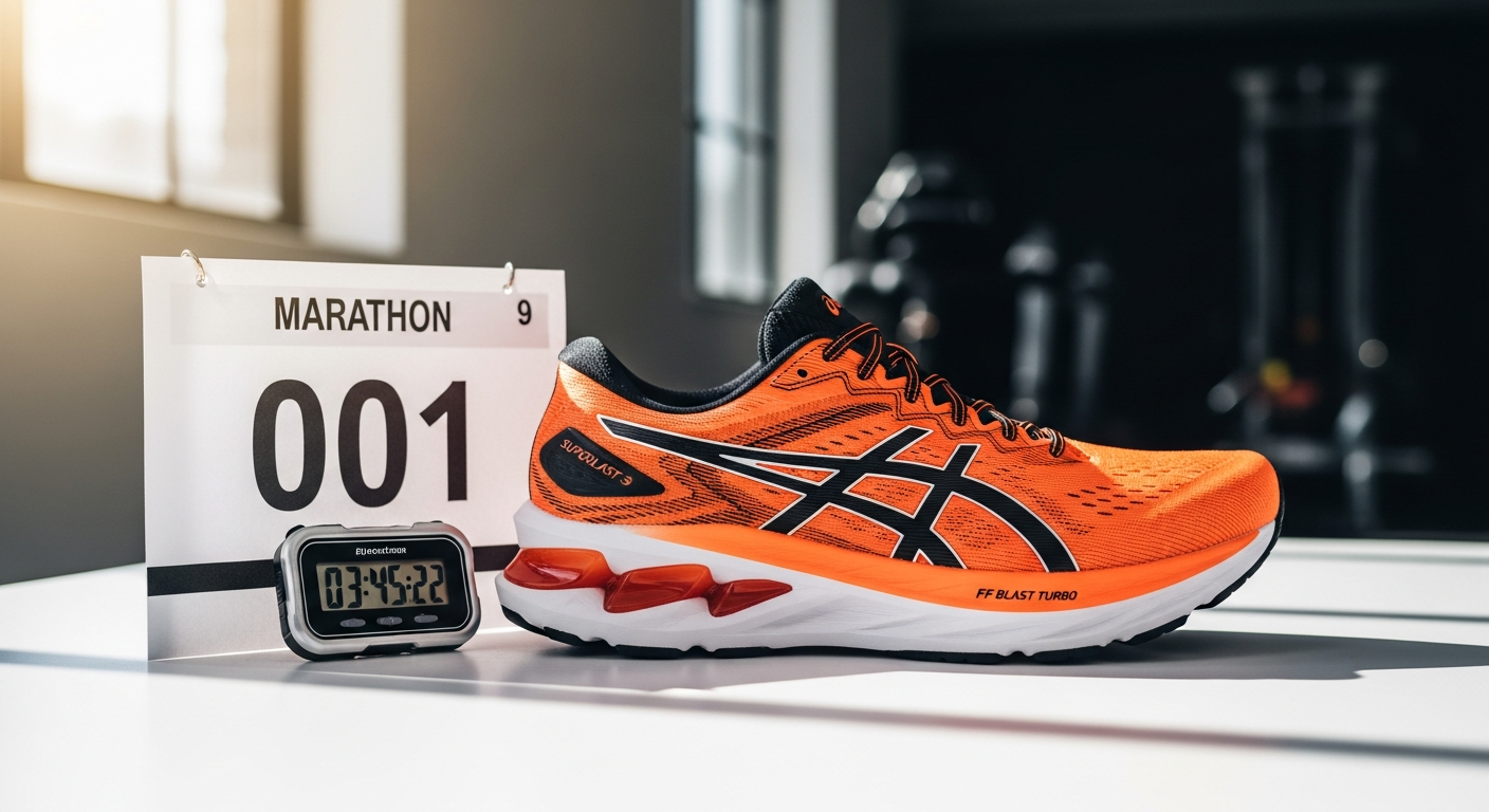 ASICS Superblast 3 running shoe displayed on white background showing dual-foam midsole