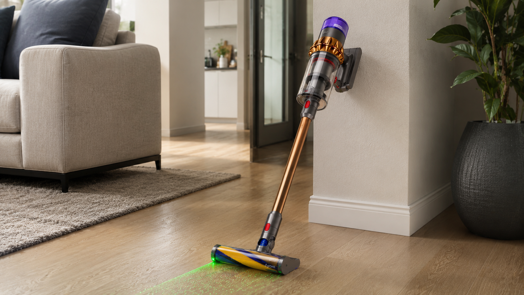Dyson V15 Detect Absolute cordless vacuum cleaner standing on a light hardwood floor in a modern living room, featuring laser dust detection technology, powerful suction, and a wall-mounted charging dock in a contemporary home setting.