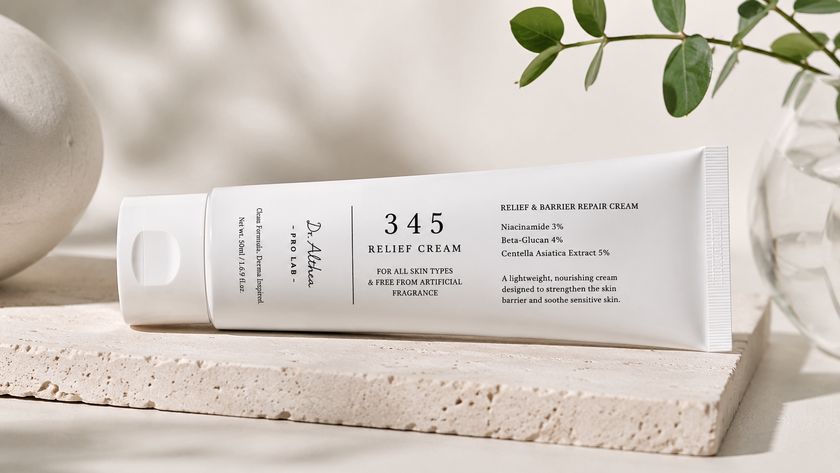 Dr. Althea 345 Relief Cream, a Korean skincare moisturizer for sensitive skin, displayed in a minimalist editorial setting with natural light, highlighting its barrier-repair and soothing properties.
