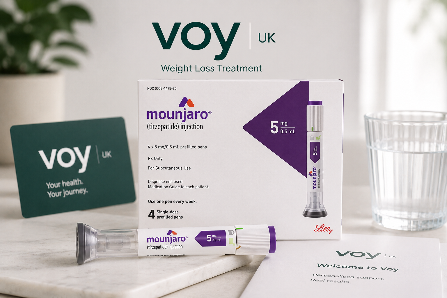 Voy UK Mounjaro weight loss treatment package featuring Mounjaro (tirzepatide) injection pen and medication box, displayed on a clean countertop with wellness branding and support materials.