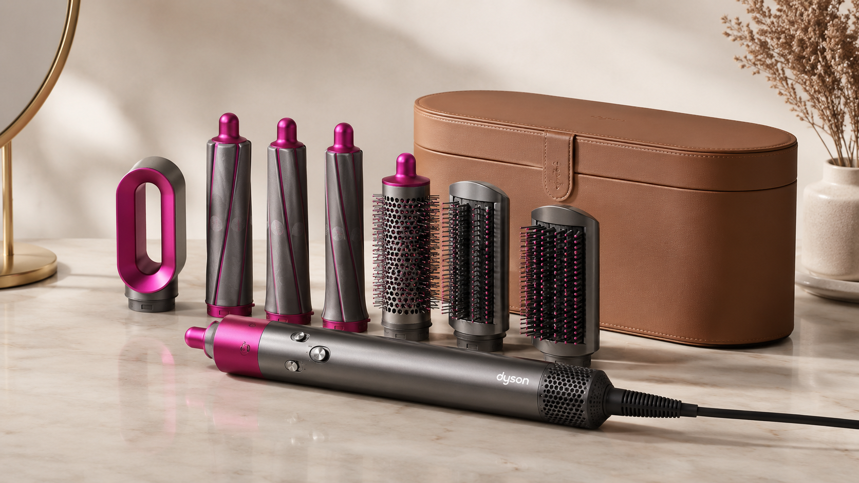 Dyson Airwrap Complete multi-styler in nickel and fuchsia with curling barrels, brushes, and storage case displayed on a marble vanity, professional beauty product photography.
