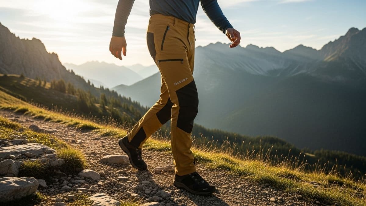 8848 Perth M outdoor pants in black displayed on hiking trail with mountain backdrop