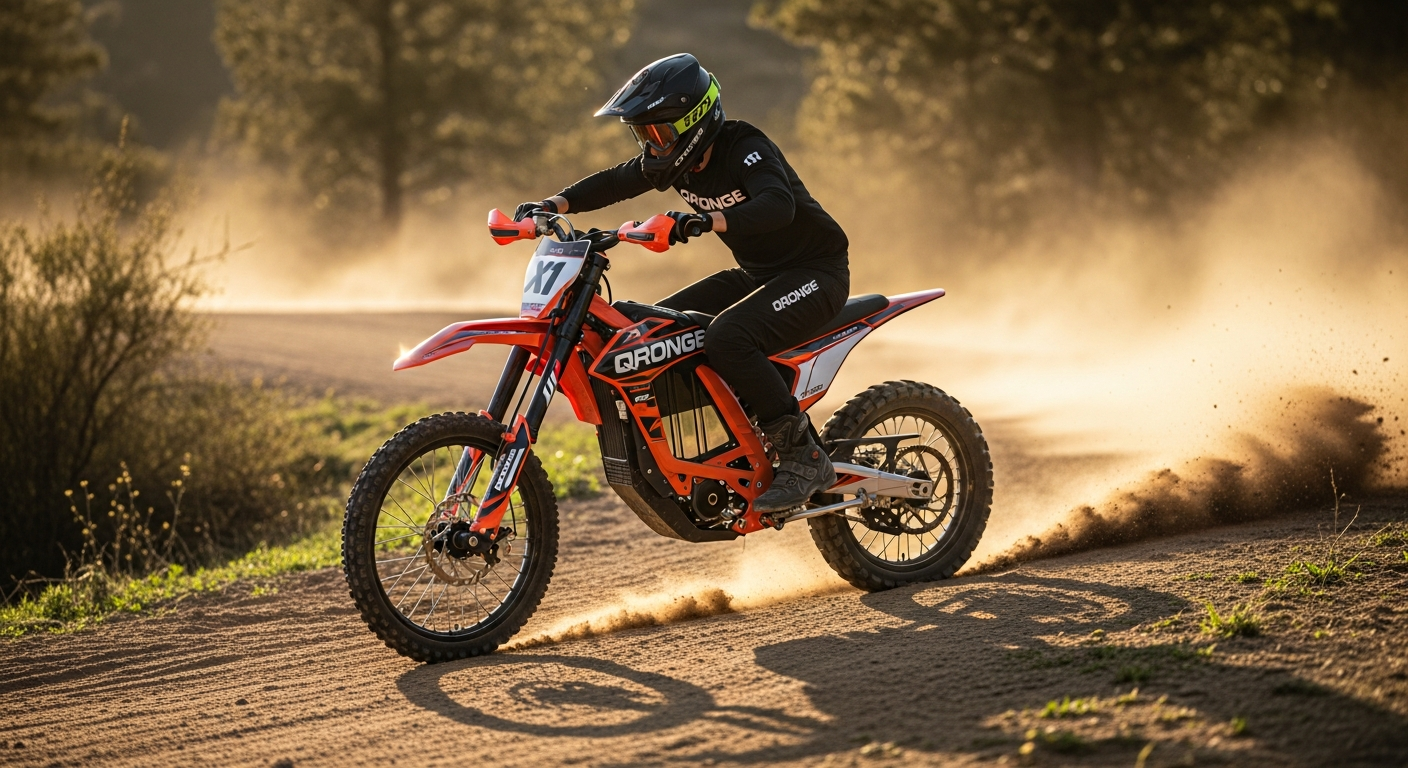 Qronge X1 Spark electric dirt bike shown from side angle on dirt trail