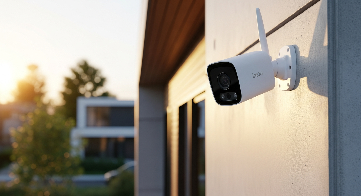 Imou Bullet 2C 4MP outdoor security camera mounted on white wall with night vision capability