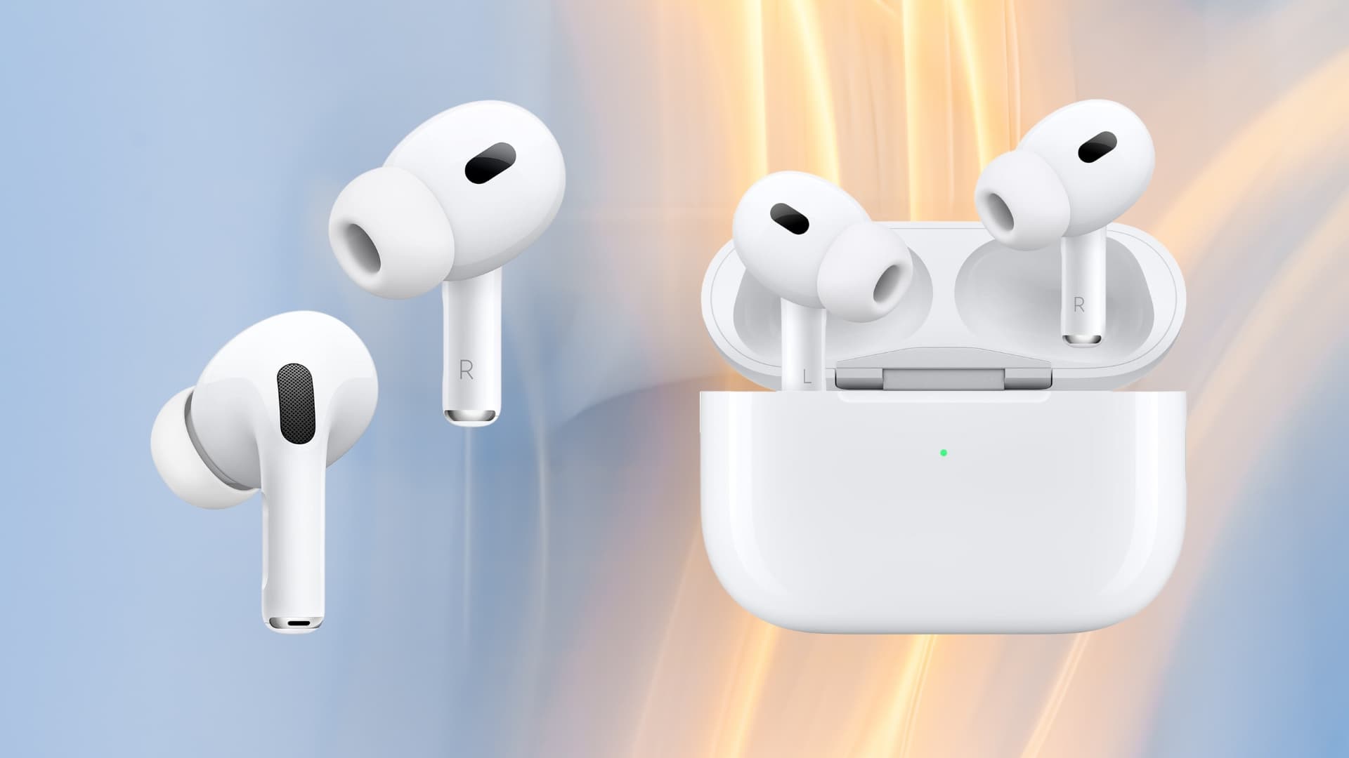 Apple AirPods Pro 2 wireless earbuds with a white charging case, shown floating against a blue and orange gradient background.
