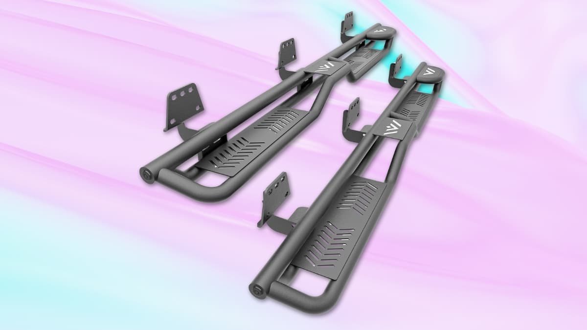 A pair of black, heavy-duty Dodge Ram 1500 running boards with a textured step surface and mounting brackets.