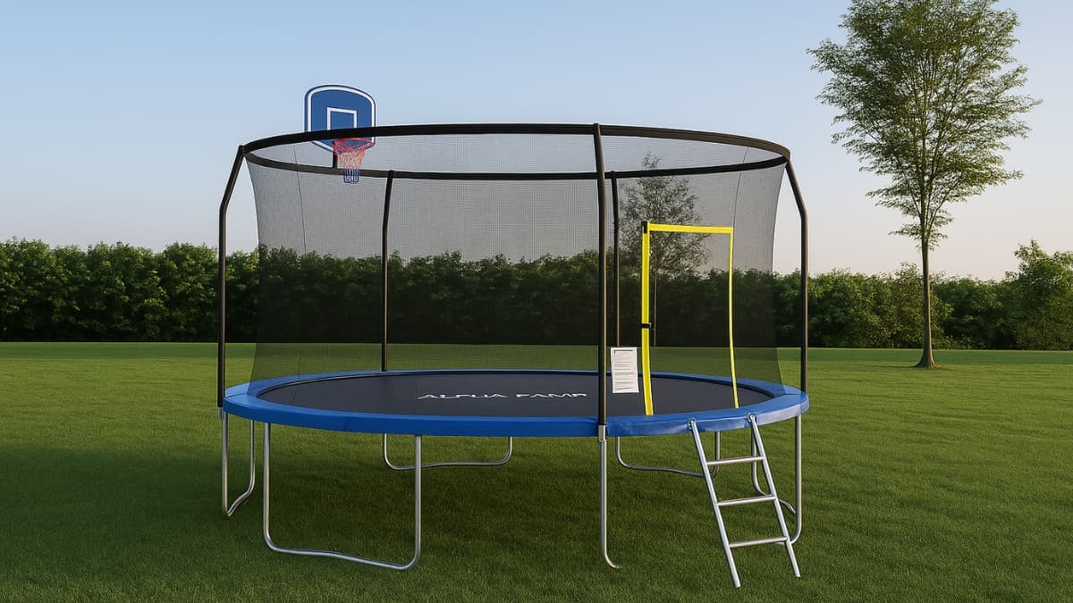 A round outdoor trampoline with safety net, basketball hoop, ladder, and sturdy metal frame on a grassy field.