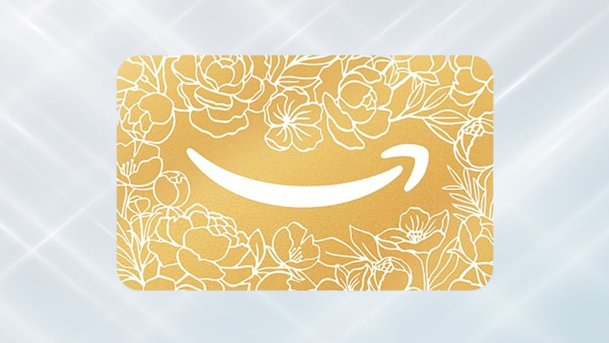 Gold Amazon eGift Card with floral design and white Amazon logo on a light background.