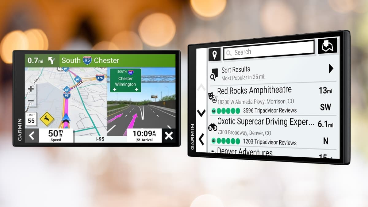 Garmin DriveSmart 71 screen showing GPS directions and nearby locations with map and search results.