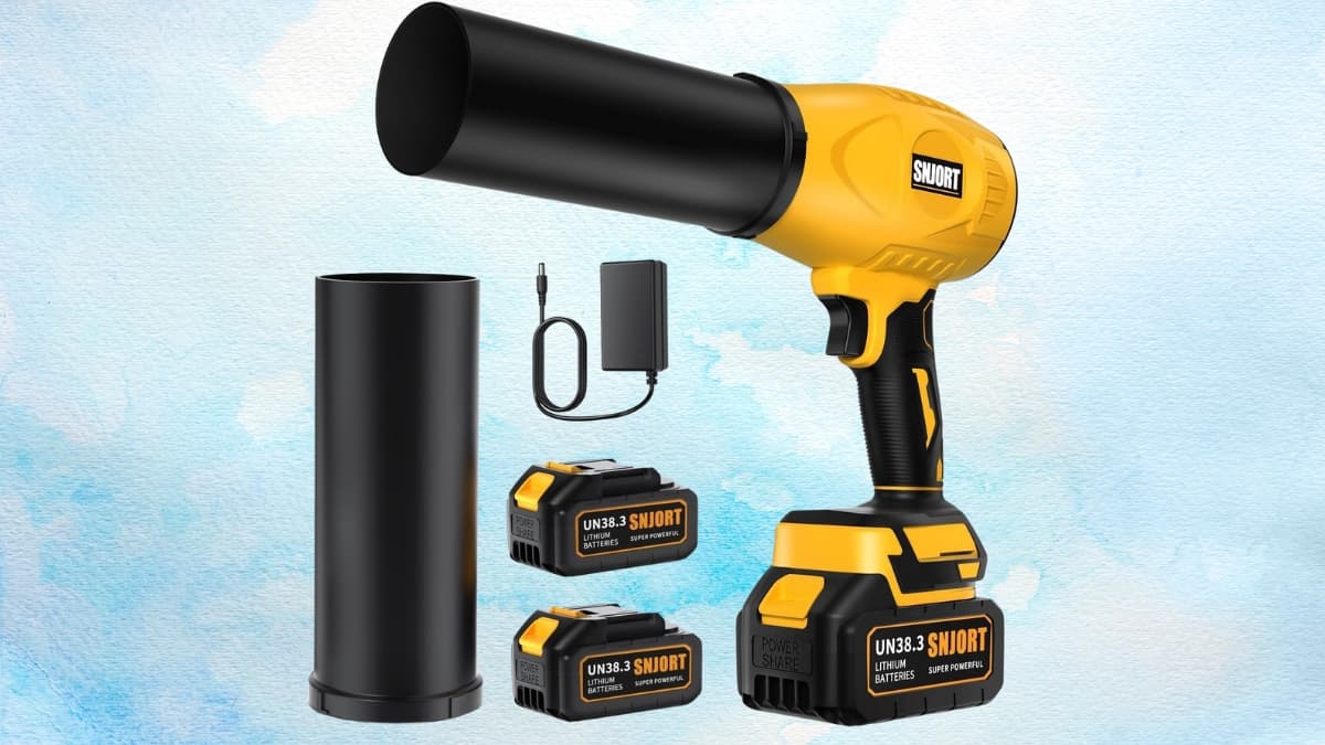Yellow SNJORT cordless leaf blower with battery and charger, nozzle attachments, and dual lithium batteries.