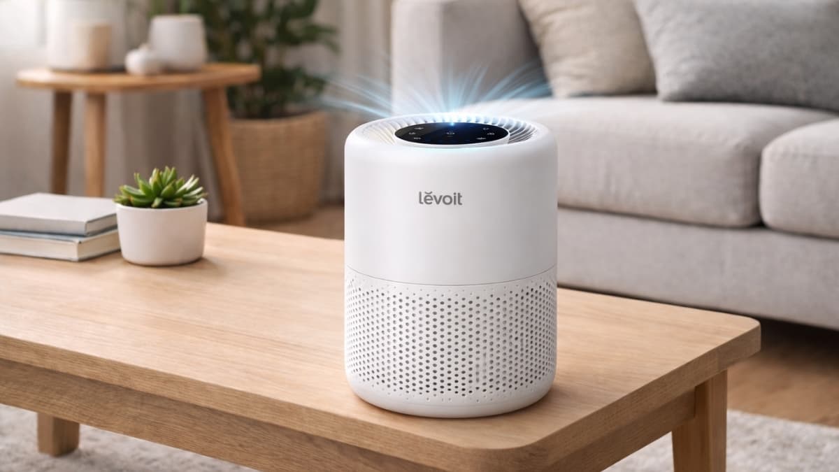 Levoit air purifier on a wooden table in a modern living room, designed to remove dust, allergens, and odors for cleaner indoor air.