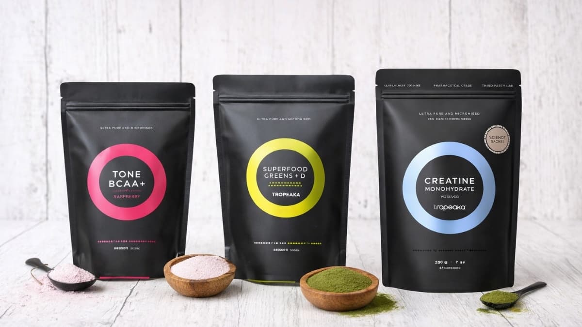 Tropeaka best sellers featuring Tone BCAA+, Superfood Greens + D, and creatine monohydrate powders displayed with ingredients