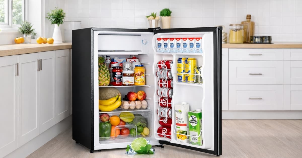 Upstreman 3.2 Cu.Ft Mini Fridge with freezer, stocked shelves, modern kitchen setting