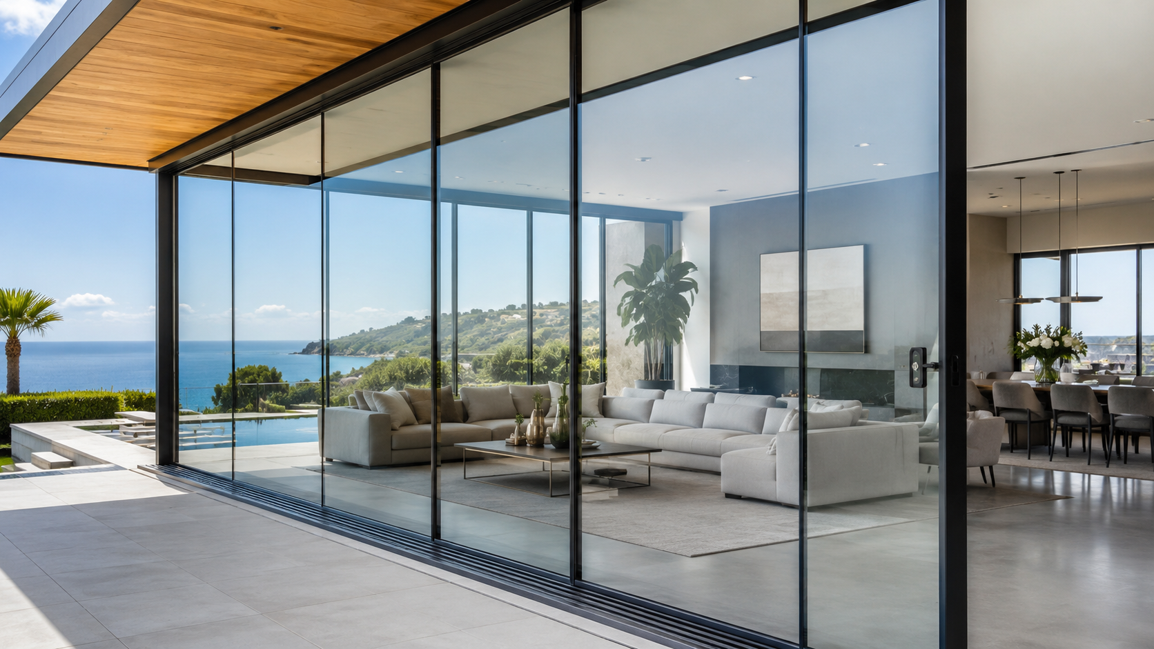 KingGlass glass sliding walls opening a modern luxury living room to an oceanfront patio and pool.