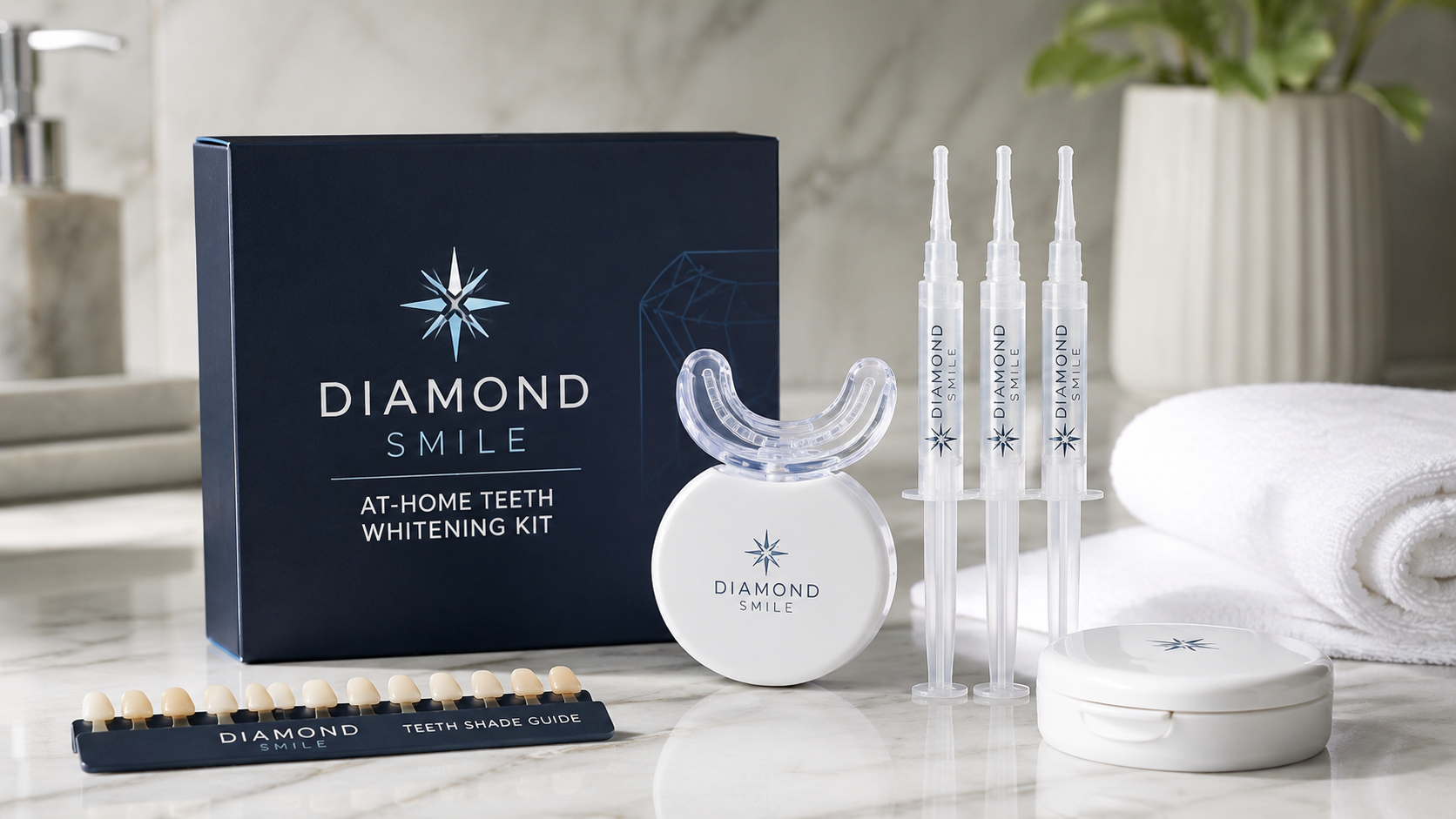 Diamond Smile At-Home Teeth Whitening Kit displayed on a marble bathroom countertop with LED whitening device, whitening gel syringes, and shade guide in a clean modern setting.