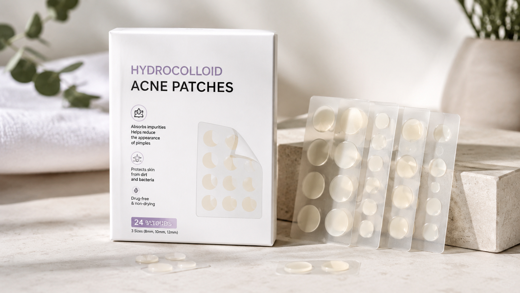Hydrocolloid acne patches product packaging with transparent pimple patch sheets displayed on a neutral skincare-inspired surface in soft natural lighting
