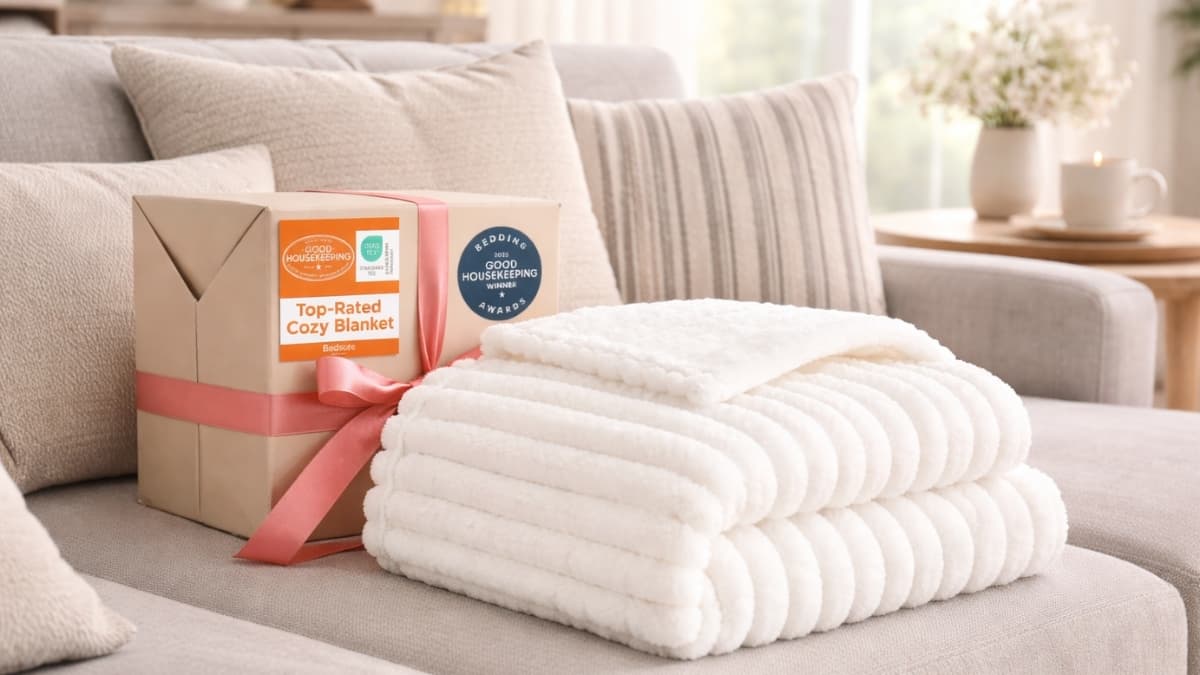 Bedsure GentleSoft White Throw Blanket folded on sofa with gift box and ribbon