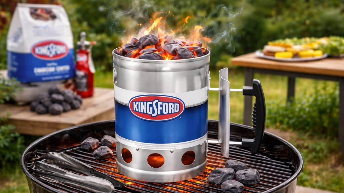 KINGSFORD Heavy Duty Deluxe Charcoal Chimney Starter lighting charcoal briquettes on outdoor grill with glowing coals and smoke rising