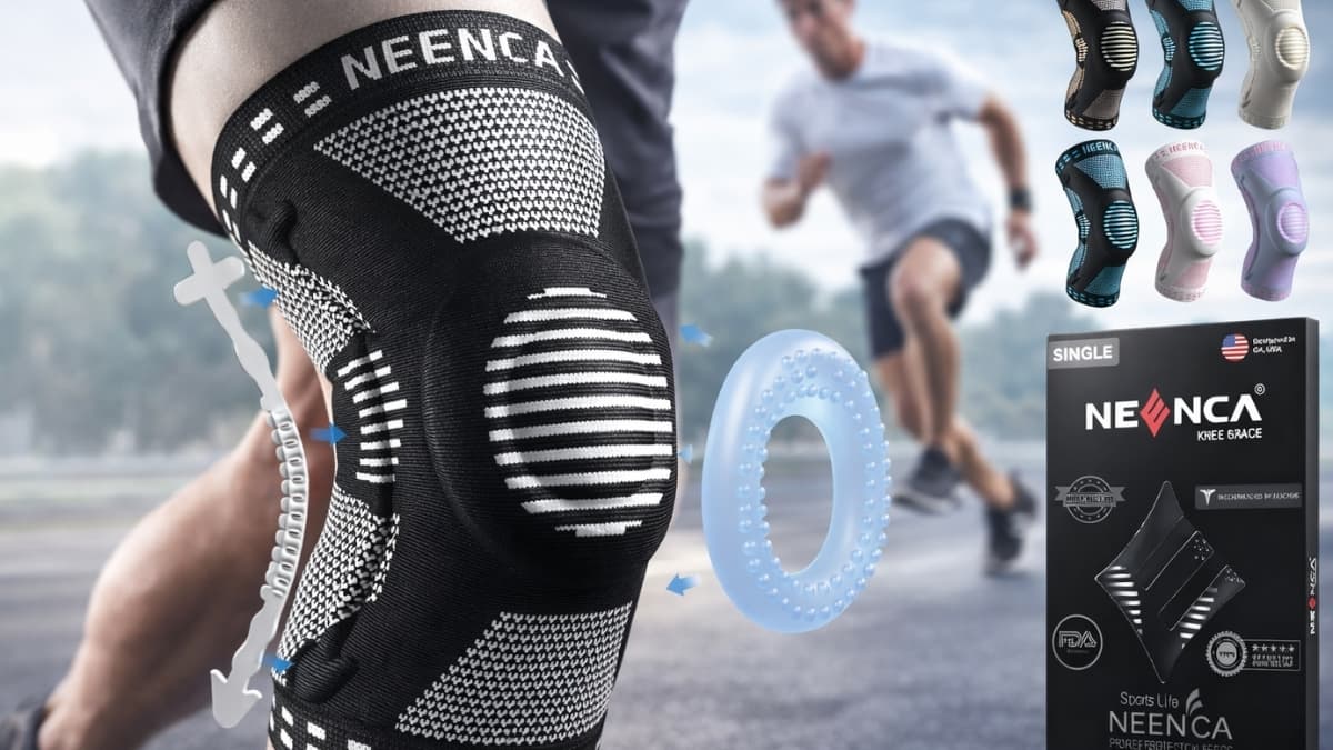 NEENCA Professional Knee Brace with side stabilizers and gel patella pad worn during running for knee pain support