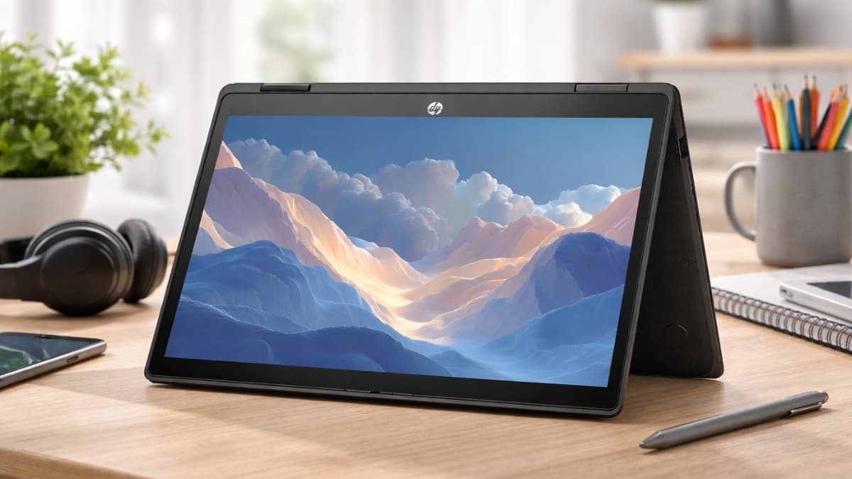 HP 2026 X360 Convertible Laptop in tent mode on desk with touchscreen display, stylus pen, headphones, and home office setup background