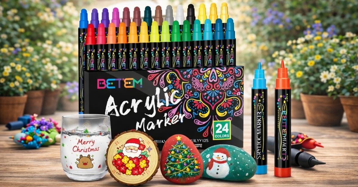 "Betem 24 Colors Dual Tip Acrylic Paint Markers with vibrant colors, showcasing artwork on glass, rocks, and a wooden ornament. Perfect for various crafts, including holiday designs and DIY projects."