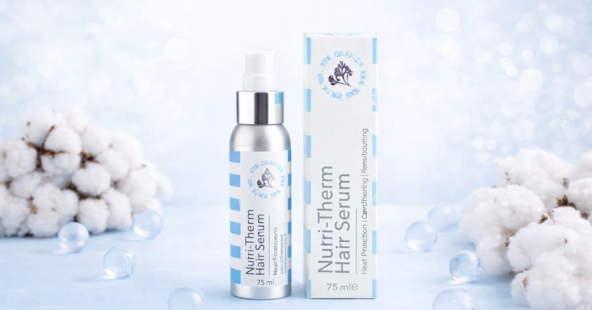 Nutri-Therm Hair Serum bottle and packaging, silicone-free heat protection serum for smooth hair