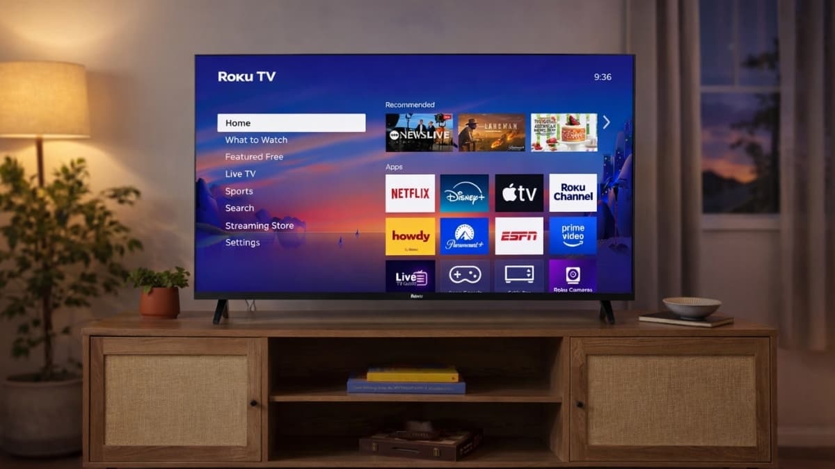 Roku Select Series 40-Inch Smart TV displaying Roku OS home screen with streaming apps like Netflix and Disney+ on a wooden TV stand in a modern living room.