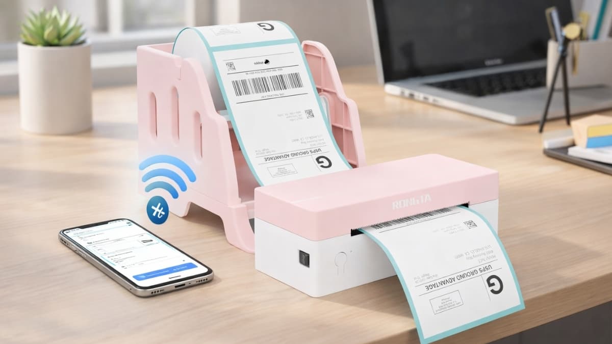 Rongta Bluetooth Thermal Label Printer printing 4x6 shipping label on desk with smartphone and laptop, wireless thermal printer for small business shipping setup