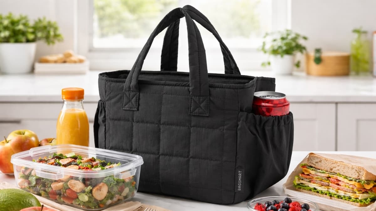 BAGSMART Lunch Bag for Women quilted insulated black tote with salad container, sandwich, juice bottle, and fruit on kitchen counter