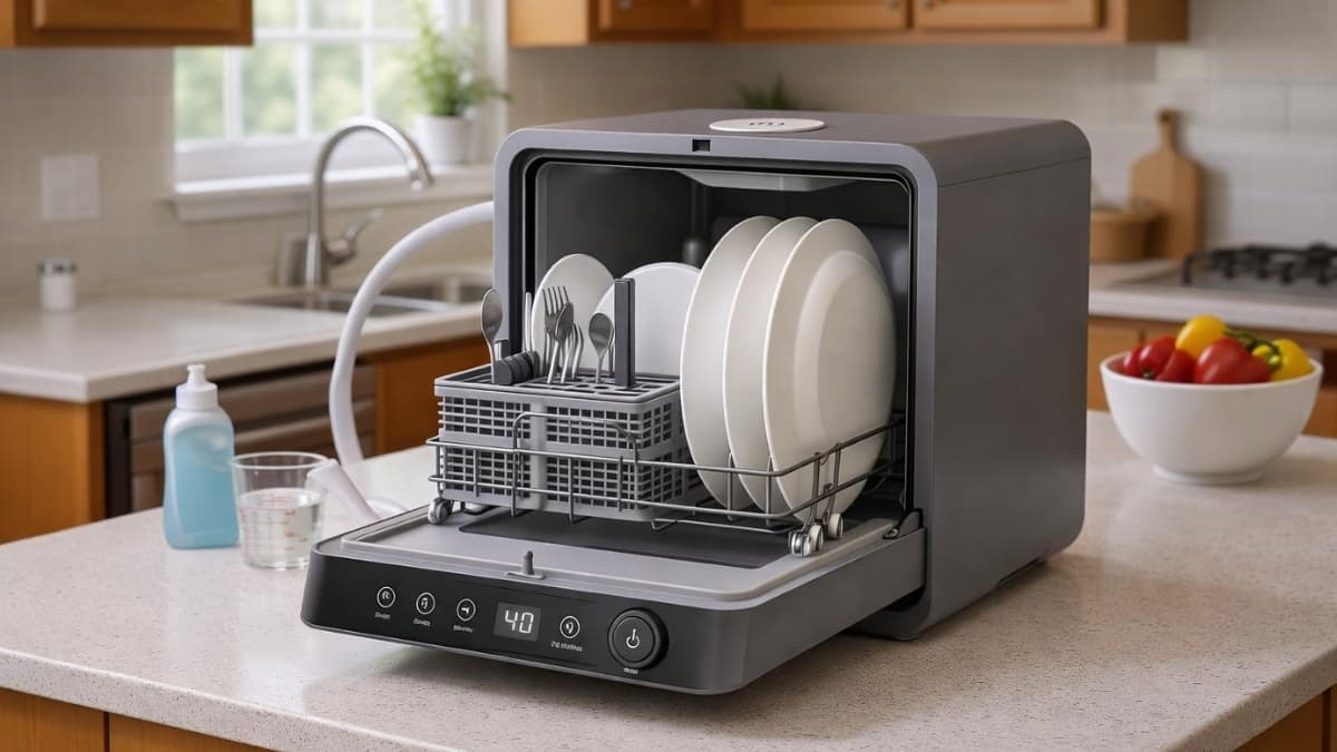 MOMOKOVA portable countertop dishwasher on kitchen counter with open rack holding plates and utensils, compact dishwasher with built-in water tank and LED display in modern apartment kitchen
