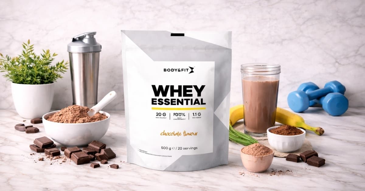 Body & Fit Whey Essential chocolate protein powder with shake, scoop, and fitness props