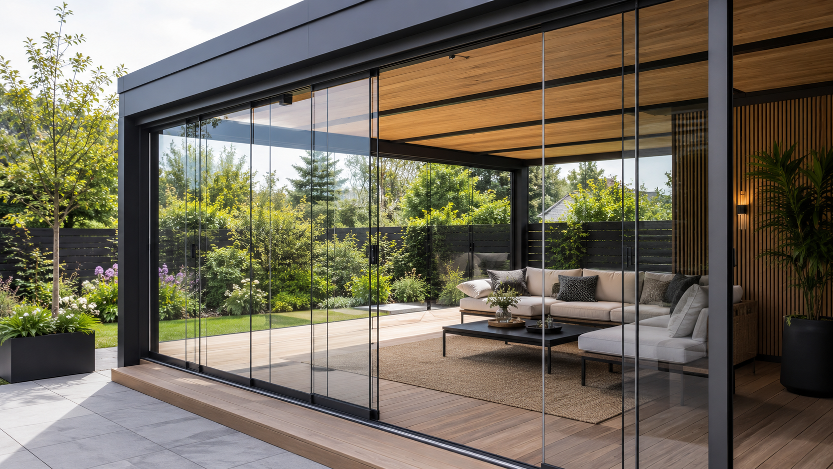 KingGlass glazen schuifwanden rondom een moderne overkapping met zwarte profielen, houten afwerking en uitzicht op een groene tuin.