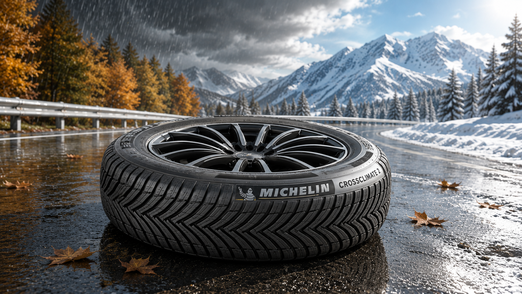 Michelin CrossClimate 2 all-season tire lying on a wet mountain road with autumn rain on one side and snowy winter scenery on the other, showcasing year-round performance and traction in changing weather conditions.