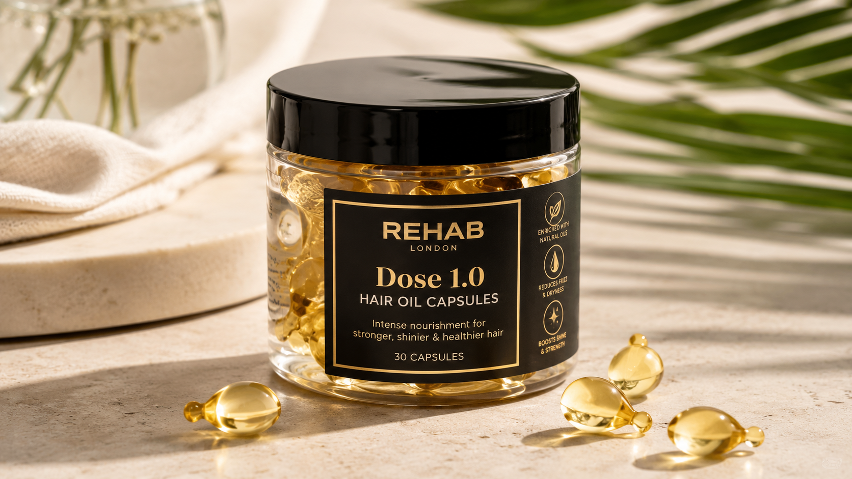 Discover REHAB Dose 1.0 Hair Oil Capsules for smoother, shinier hair. Fight frizz, nourish strands, and achieve salon-worthy results effortlessly.