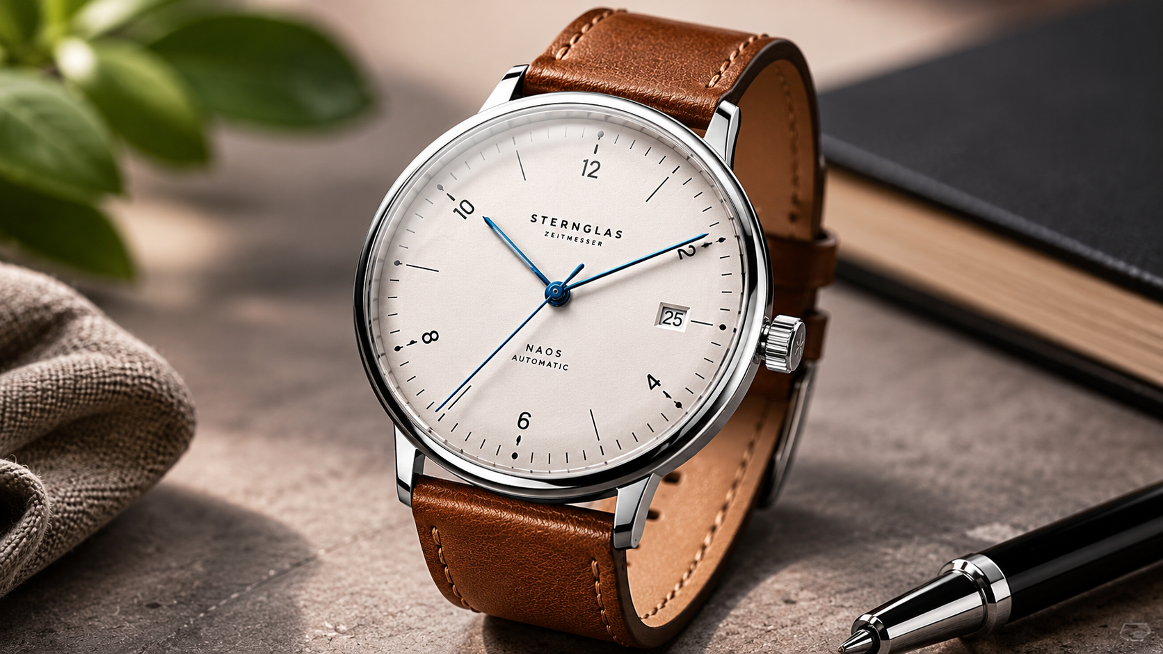 Sternglas Naos Bauhaus Automatic watch with white minimalist dial, blue hands, silver stainless steel case, and brown leather strap displayed on a modern desk with soft natural lighting and office accessories.