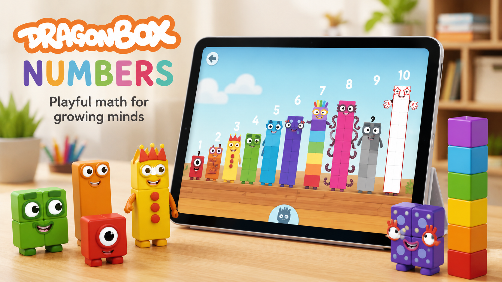 DragonBox Numbers educational math app displayed on a tablet with colorful Noom number characters, teaching counting, addition, and number sense through interactive games for children ages 4–8.