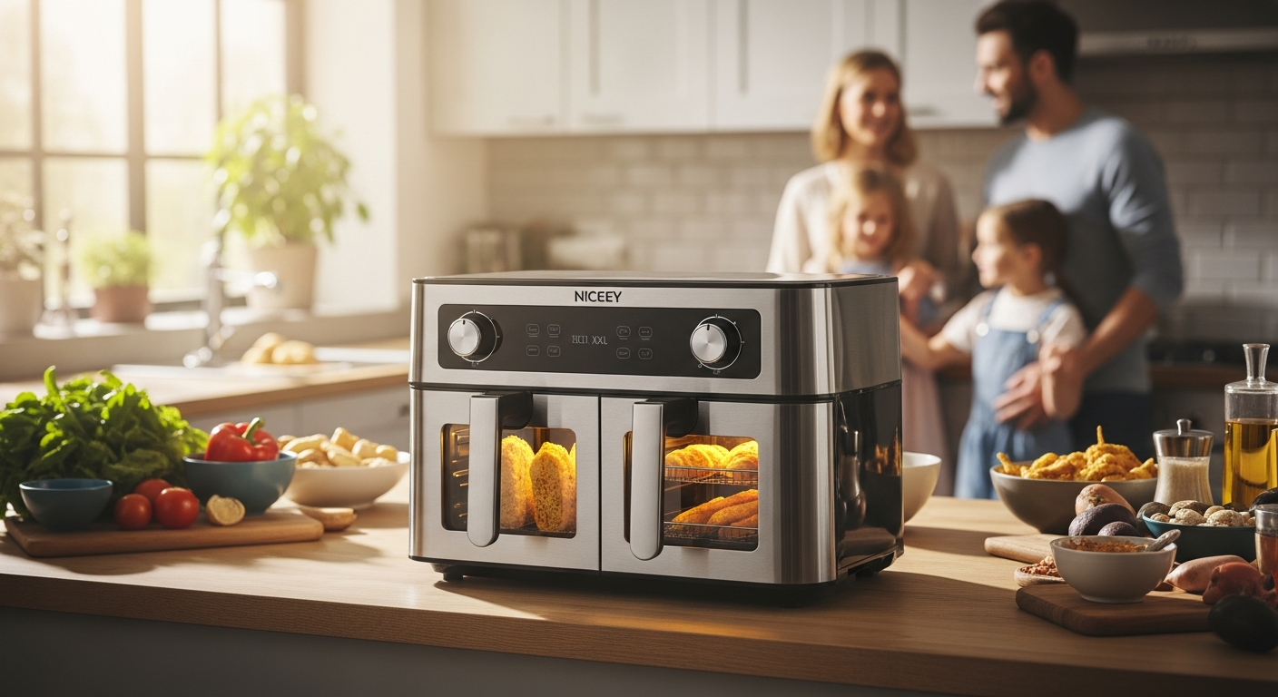 Niceey Double XXL Airfryer with dual independent cooking zones displaying silver finish and control panel