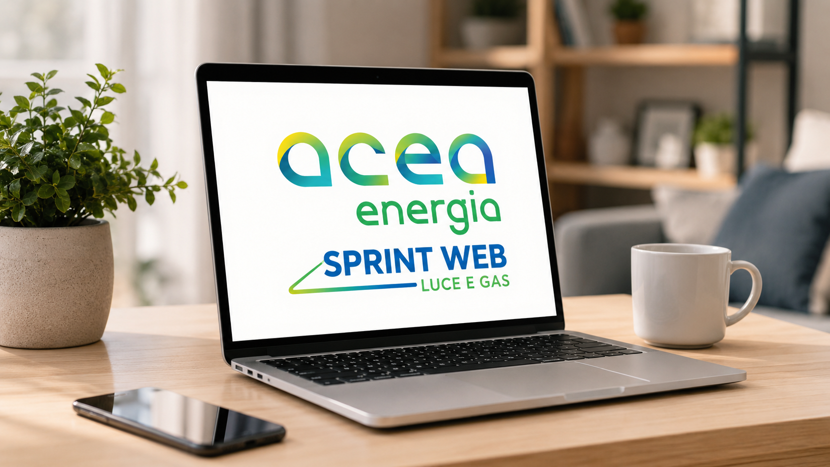 Acea Energia Sprint Web Luce e Gas displayed on a laptop screen in a modern home office with coffee mug, smartphone, and indoor plant, promoting online electricity and gas services.
