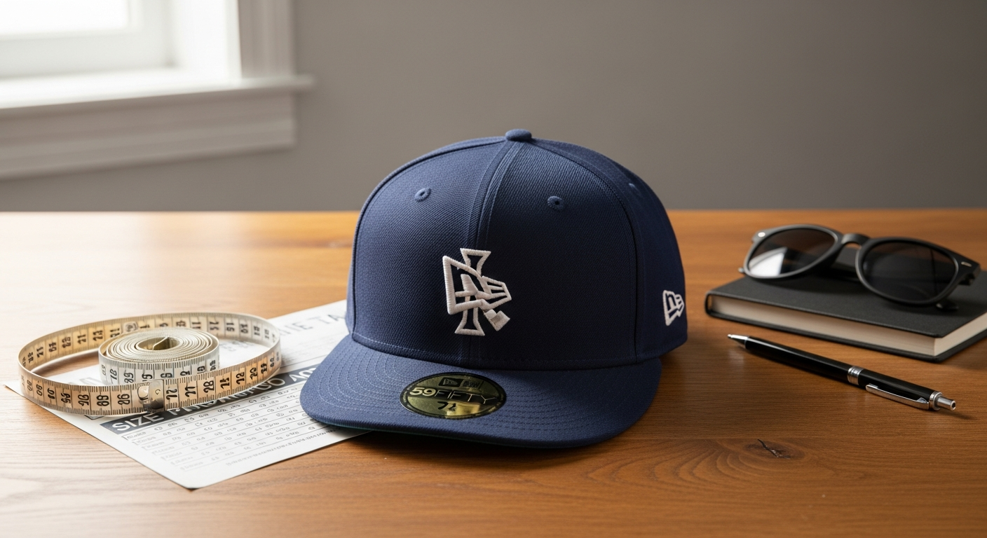 New Era 59FIFTY fitted baseball cap sizing guide measurement chart and product display