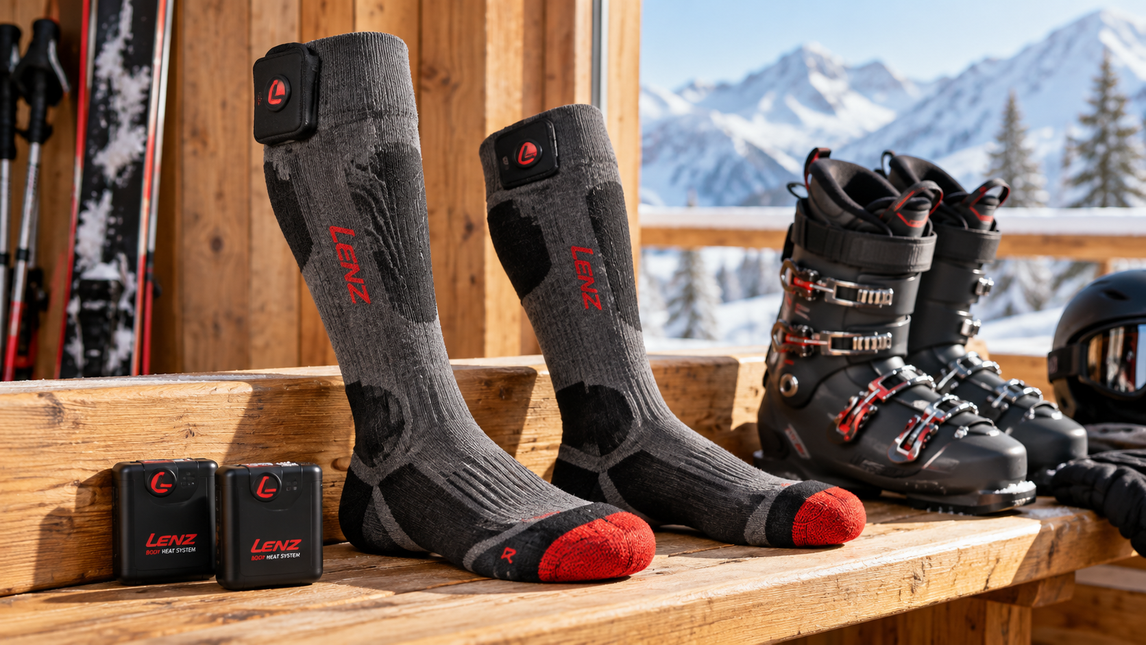 Lenz Heat Sock 5.1 Toe Cap heated ski socks with battery packs displayed beside ski boots and winter gear in a snowy mountain lodge.