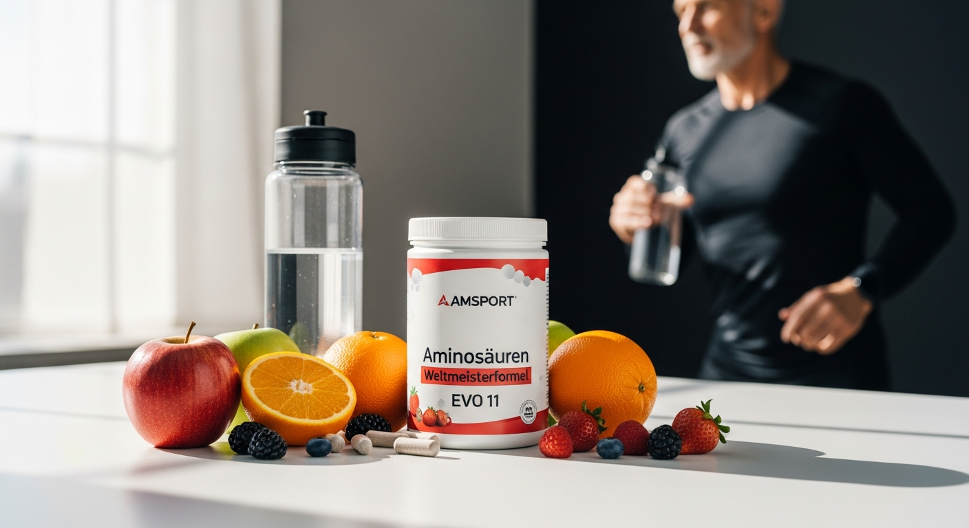 AMSPORT Aminosäuren Weltmeisterformel EVO 11 premium amino acid supplement container with German manufacturing certification